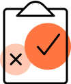 Icon of a clipboard with a checkmark and an X inside two overlapping circles
